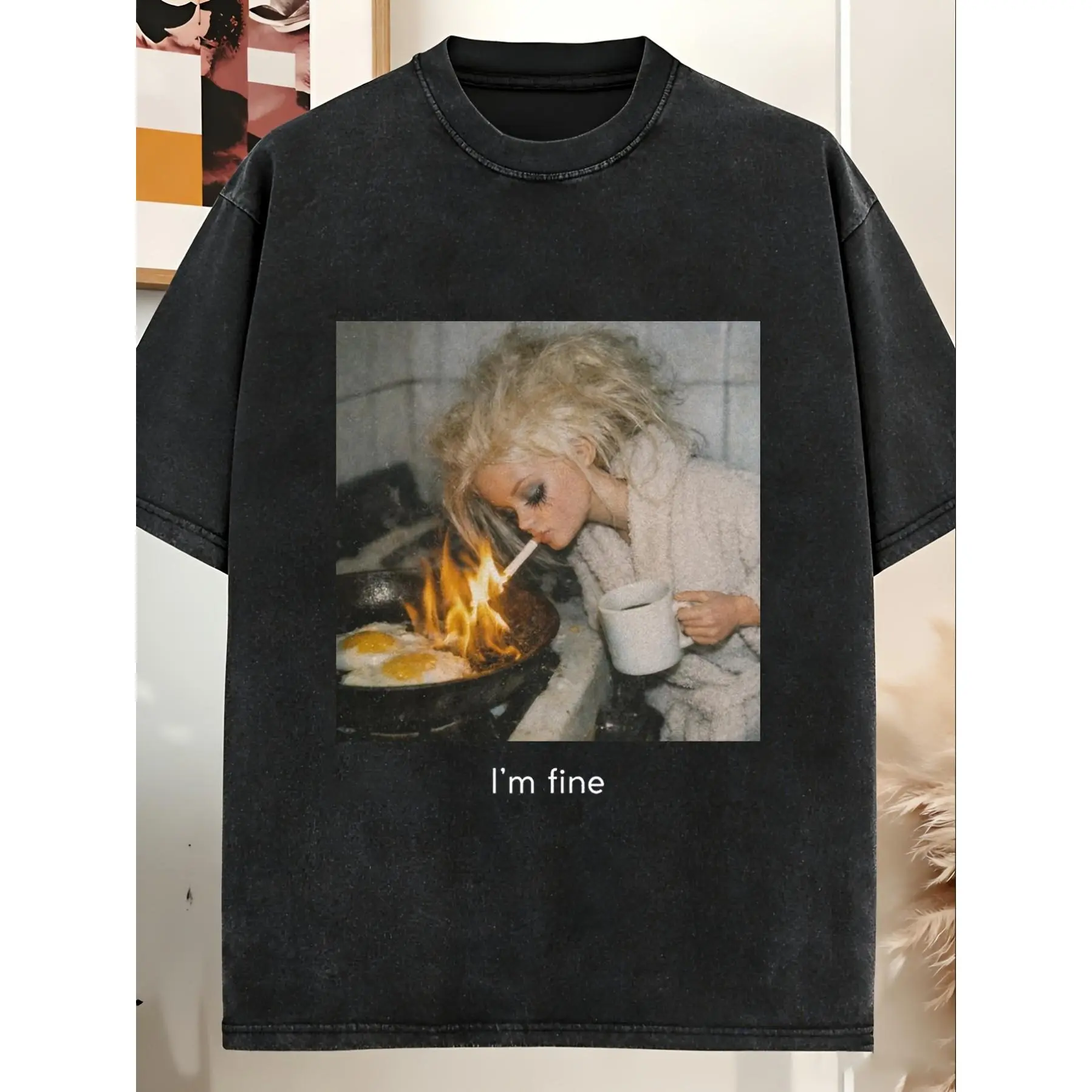 Fashion Loose Fit Unisex Crew Neck T-shirt, Classic I'm Fine Sarcastic Barbie Meme Vintage Graphic Washed Short Sleeve Streetwear Top, Breathable Casual Tee Ideal For Outdoor Gatherings, Walking And All Day Daily Wear For Men And Women