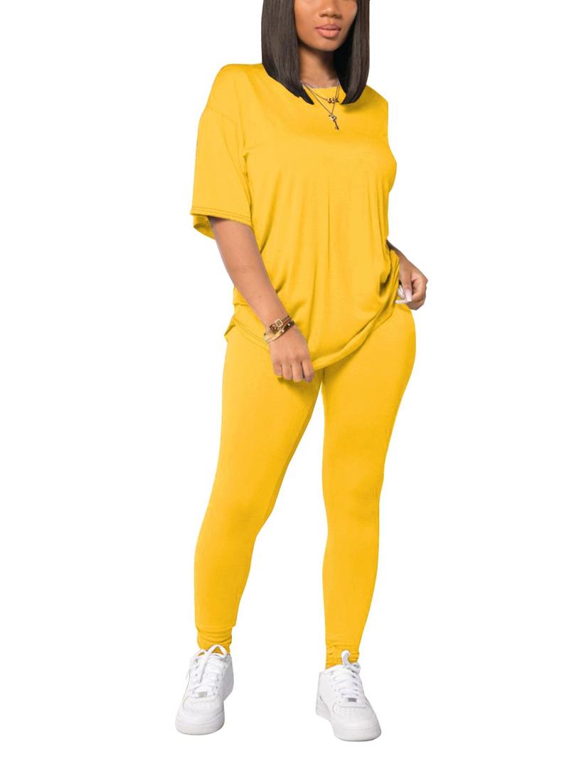 Women's Solid Drop Shoulder Tee & Elastic Waist Skinny Pants Set, Summer Clothes Women, Casual Round Neck Half Sleeve Top & Leggings for Summer