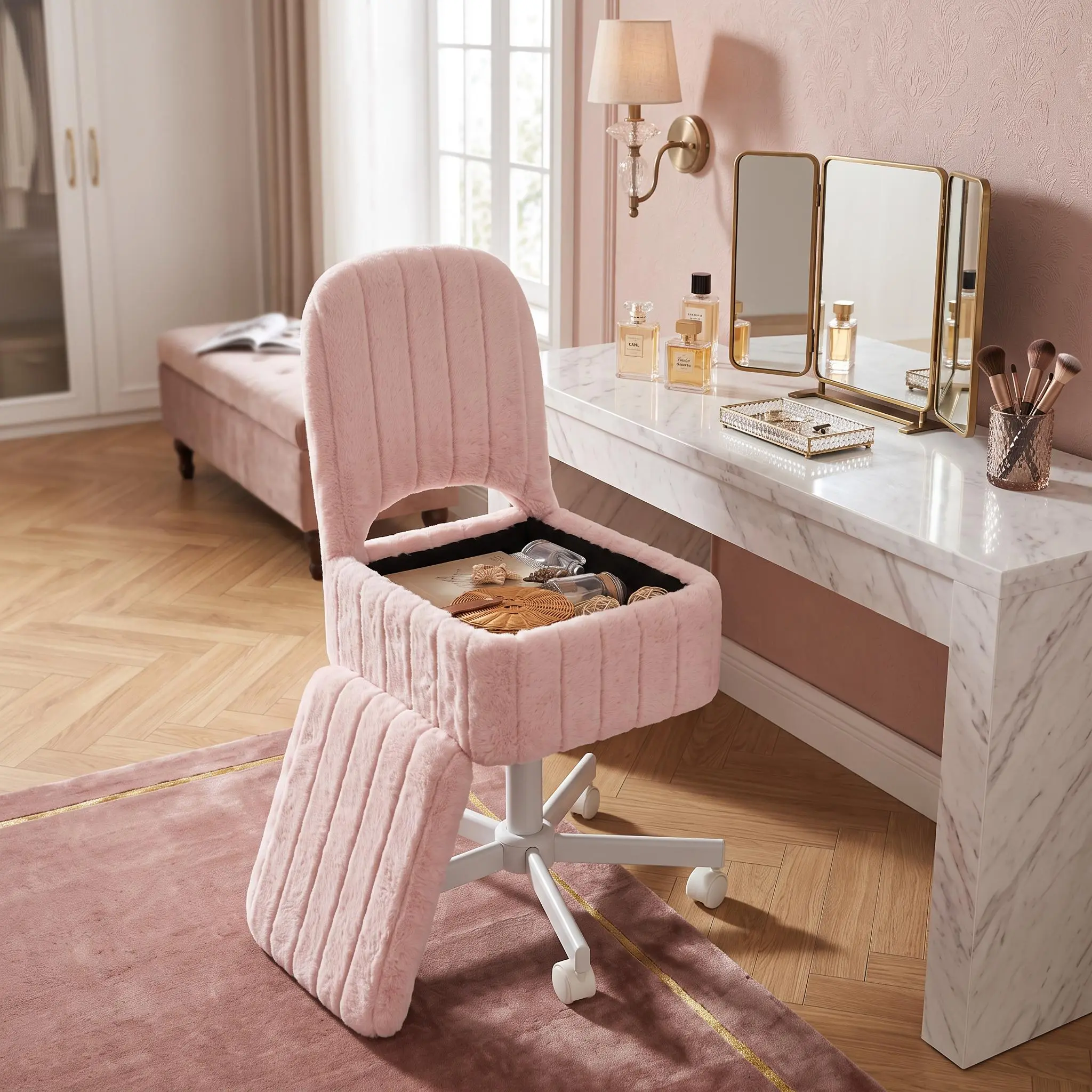 【IdealHouse】Furniture Ottoman - Indoor Multifunctional Upholstered Stool, 360-Degree Swivel Rabbit Faux Fur Seat with Soft Indentation, Height-Adjustable, Folding Backrest, Quiet Wheels, Slim Profile Bedroom Makeup Stool