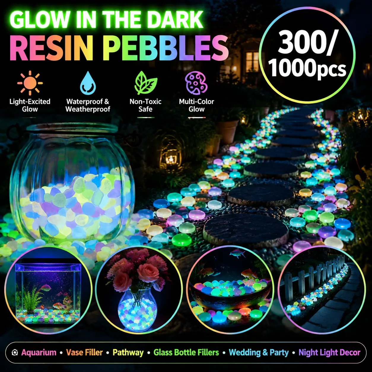 300/1000pcs Large Glow-in-the-Dark Resin Pebbles Suitable for Fish Tank Decorations, Terrariums, Wedding & Night Light Decor - Light-Activated Luminous Stones, Multi-Color Glow for Aquarium Supplies, Vase Fillers, Pathway, Glass Bottle Fillers