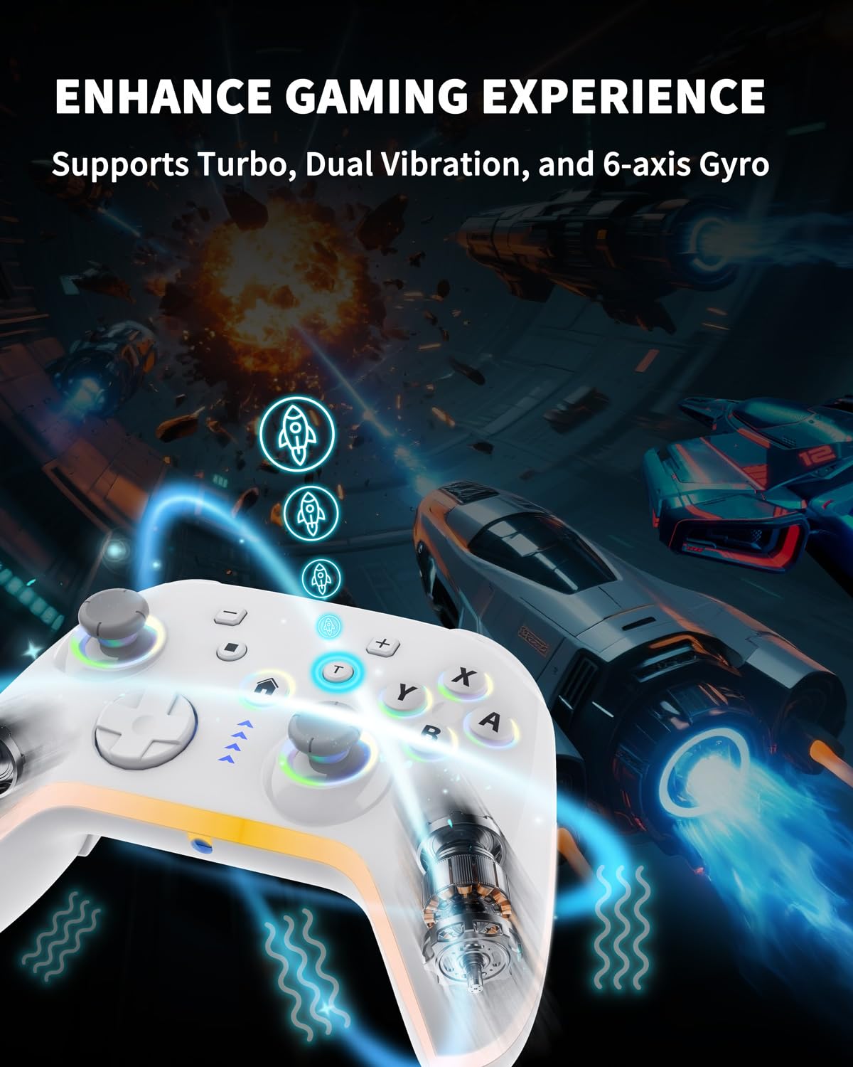 Mobile  Controller for iOS//Android/Cell Phone//Laptop, Gaming Gamepad with Phone Clip for Gamers, Hall Effect Triggers, Wired PC Control, with RGB LED Lighting/Vibration/6-Axis Gyro/Turbo (White)