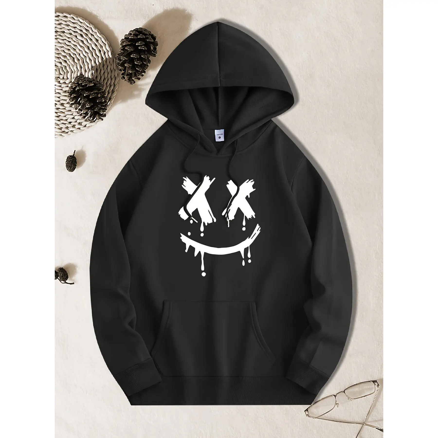 Casual Hooded Sweatshirt with  Joyful Face Print