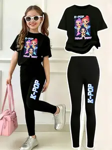 Valentine's Day, Kpop Cartoon Singing Girl Print, 2-Piece Girls Round Neck Short Sleeve & Bottoms Set, 4-12 Years, Kpop Outfit