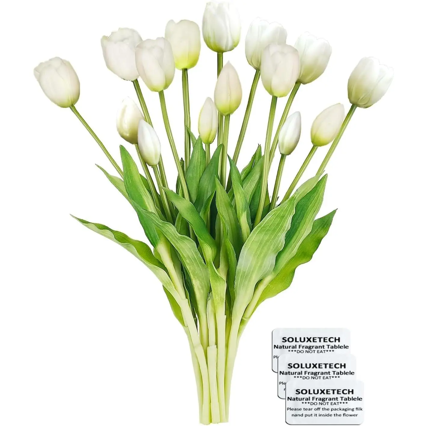 Artificial Fake Tulips and Buds with Flowers Scent Tablets 15Pcs White Yellow Pink Lifelike Fake Flowers Faux Tulips Buds Bouquet for Wedding Party Festivals Home Office Decor