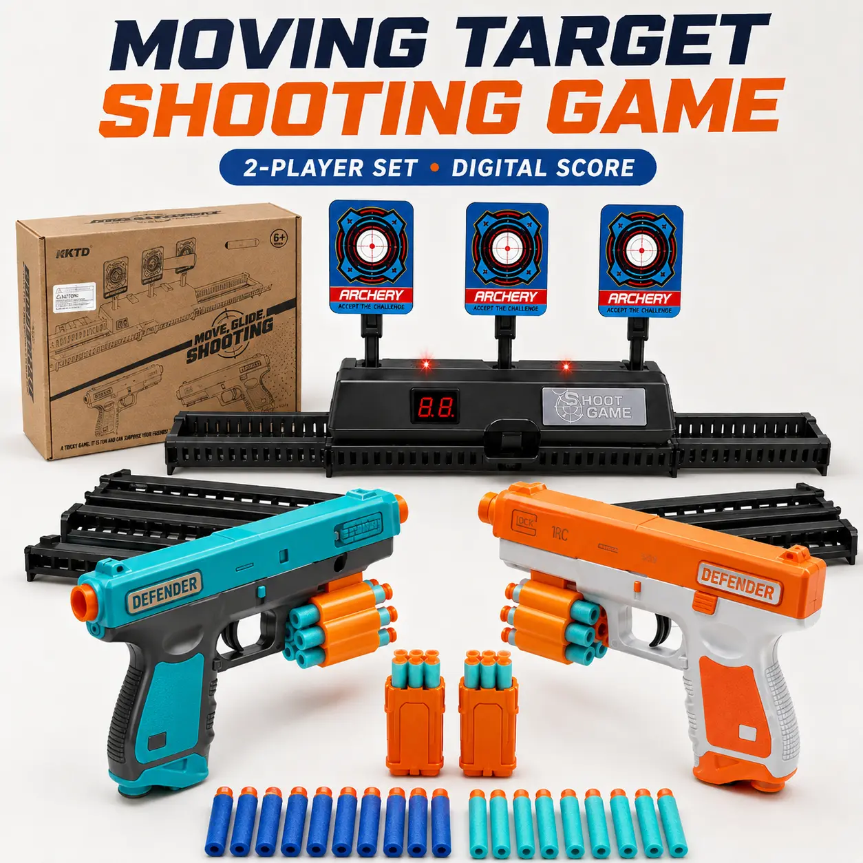 2-Player Moving Target Shooting Game Set, Electronic Auto Score Target with 2 Foam Dart Blasters, 3 Sliding Targets & 20 Darts, Interactive Indoor Family Challenge Toy for Kids Ages 6+