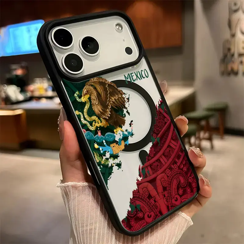 Magnetic Soft Silicone Casing for iPhone 17/16 Pro Max Plus/15/14/13/12/11/Air E - Transparent Acrylic, Mexican Eagle Heritage Pattern, Drop/Shockproof, Wireless Charging Support for Smartphone Handheld Cellphone Devices