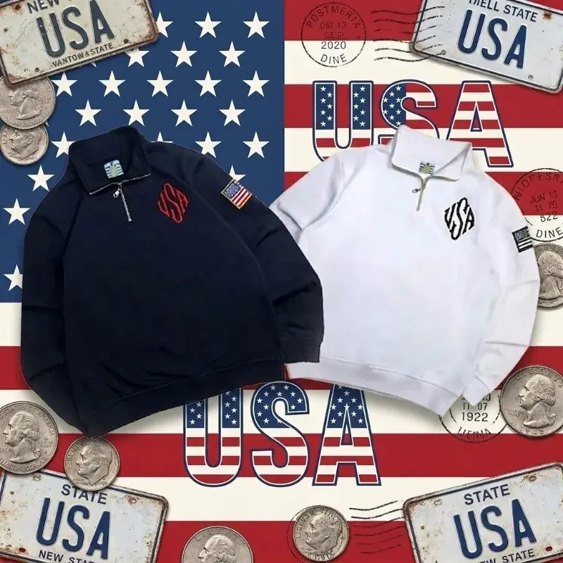 Y2K USA Flag Quarter Zip Sweatshirt | Vintage Harajuku Streetwear | Oversized & Casual Unisex Top