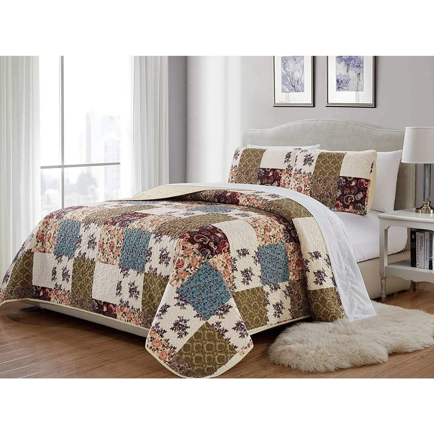 Quilted Bedspread Set - 3-Pc Oversize Soft Microfiber Floral Pattern (King/California King, 118x95 in, Beige, Green, Turquoise, Purple)