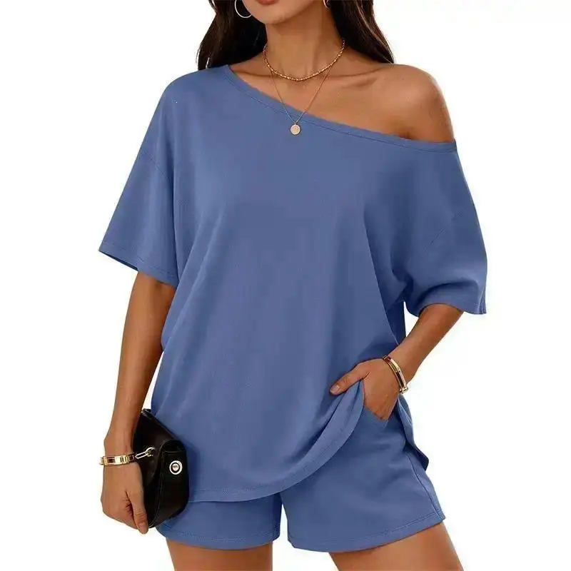 Women's Casual Two-Piece Loungewear Set — Off-Shoulder Top and Slim-Fit Shorts (Spring/Summer Style)