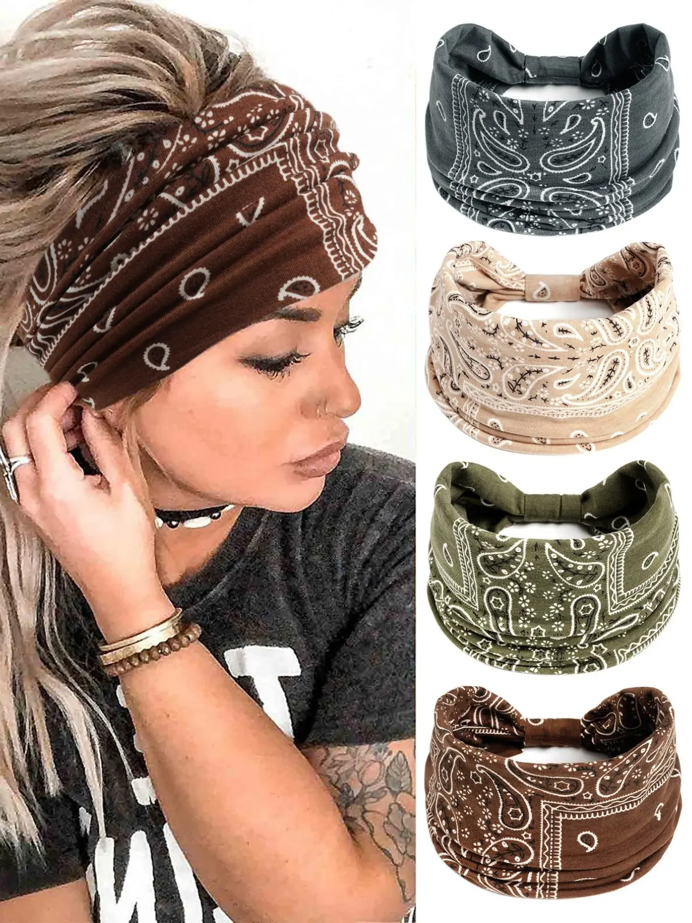 4pcs/Pack Vintage Paisley Pattern Headbands For Girls Women Colorful Headwraps Workout Gym Headband Sports Sweatband Yoga Hair Accessories Boho Turban Headband Fall Winter Hair Band For Vacation Outfits Woman Elegant Scarf Women Bandana Soft Headwrap
