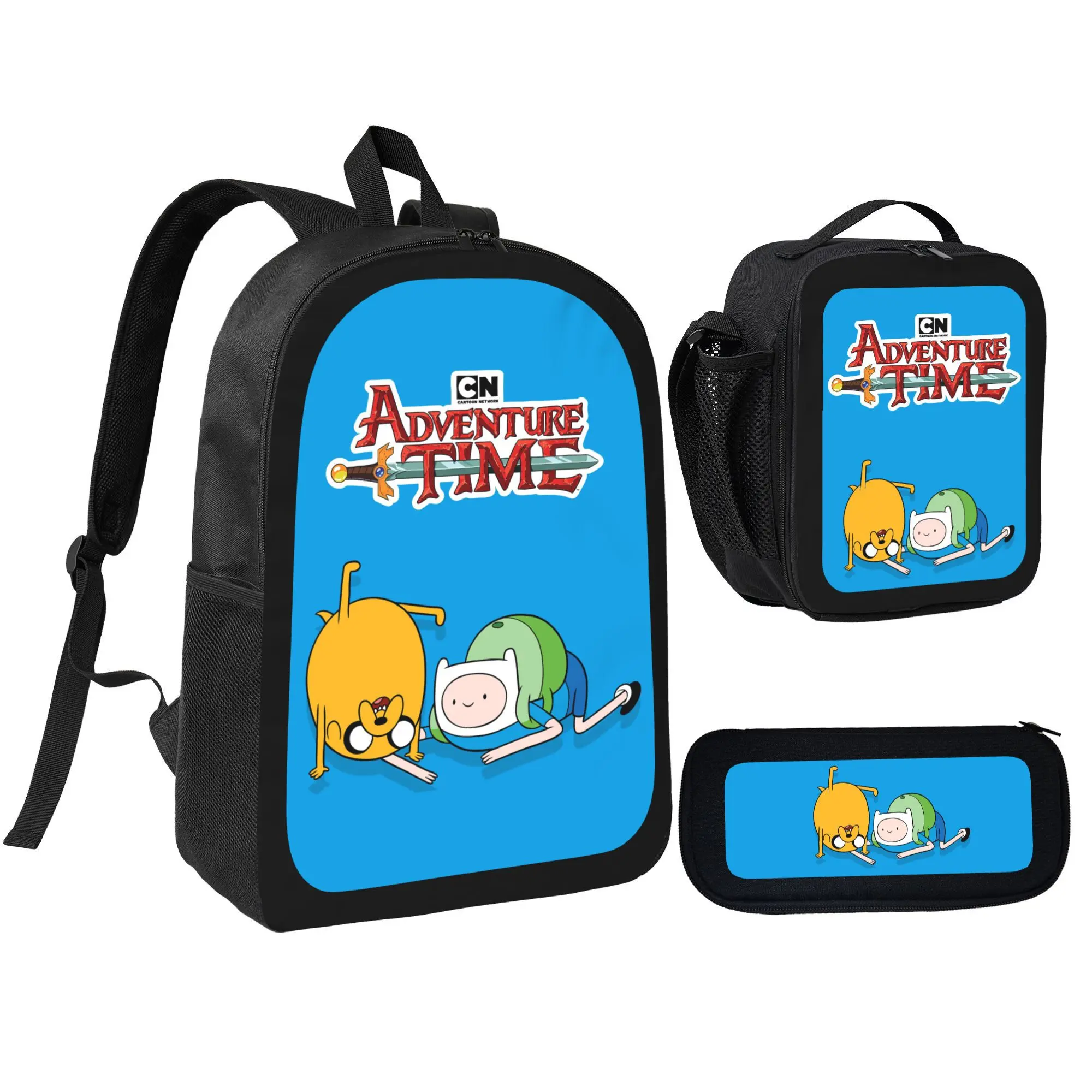 Unisex Teens Large Capacity 3pcs Adventure Time5 Backpack Set, Anime School Bag with Adjustable Shoulder Straps, Backpack Lunch Bag Pencil Case Combo for Boys Girls