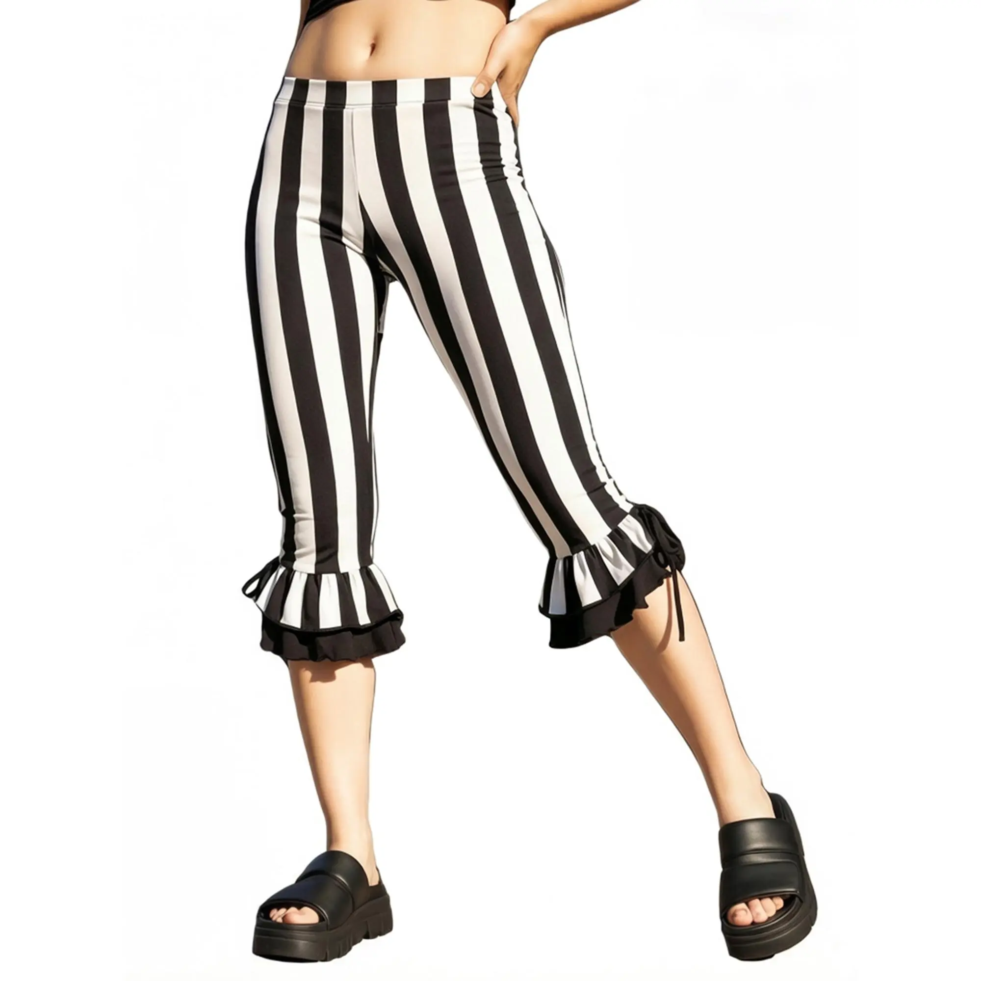 Women's High-Waist Stretch Polyester Striped Bell-Bottom Flare Capri Pants, Ideal for Party Wear
