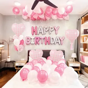 Birthday Balloon Set, Printed Happy Birthday Letter Balloons, Checkered Heart Balloons, Anniversary Decoration