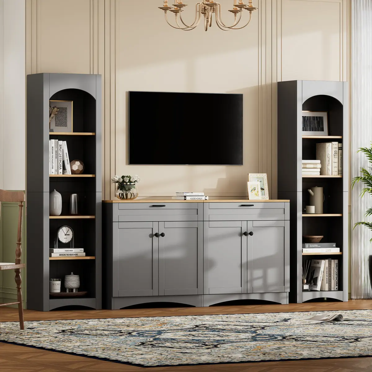 ON-TREND 3-Piece Farmhouse Entertainment Center with Storage Cabinet for TVs Up to 70", Mid-Century TV Stand with Bookshelf, Rustic Versatile Sideboard with Adjustable Shelves for Living Room