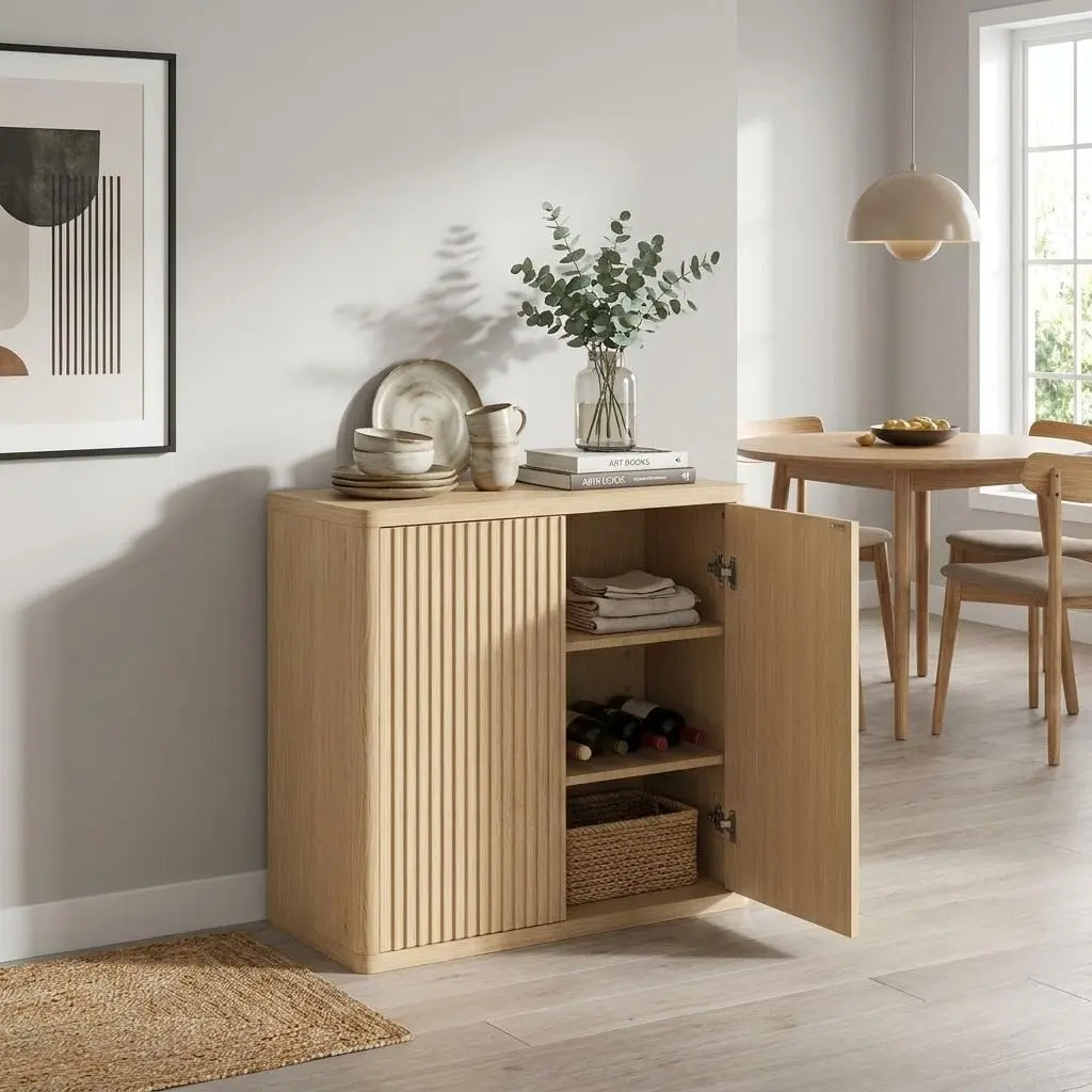 34" Small Buffet Cabinet with 2 Fluted Doors, Adjustable Shelf, Media Console Table Credenza Sideboard & Coffee Bar Cabinet for Dining Room, Living Room and Hallway