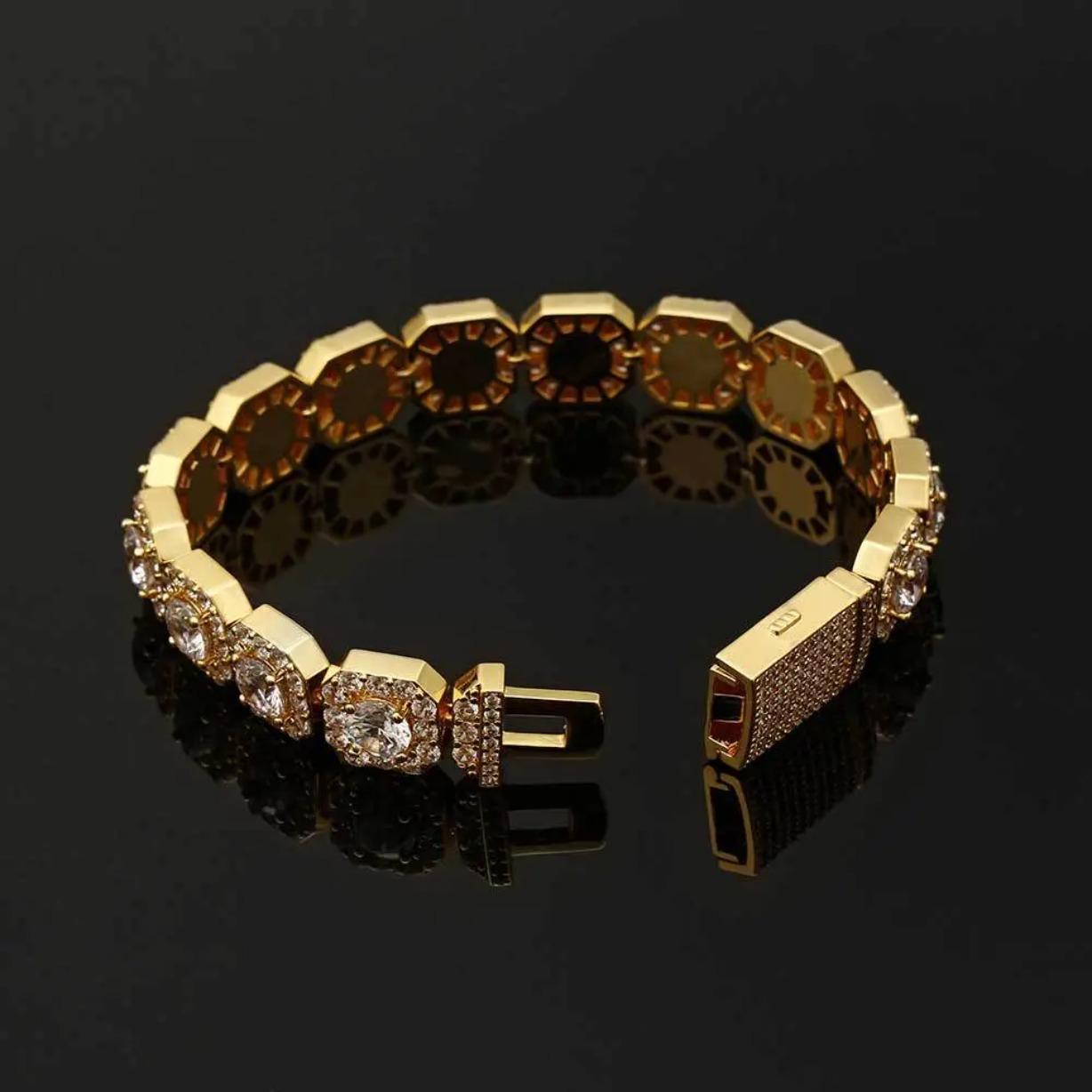 Men's Iced Out Sugar Chain Bracelet Moissanite 18K Gold Plated Stainless Steel Hip Hop Cuban Link Style Trendy Streetwear Luxury Bracelet Jewelry Gift for Men