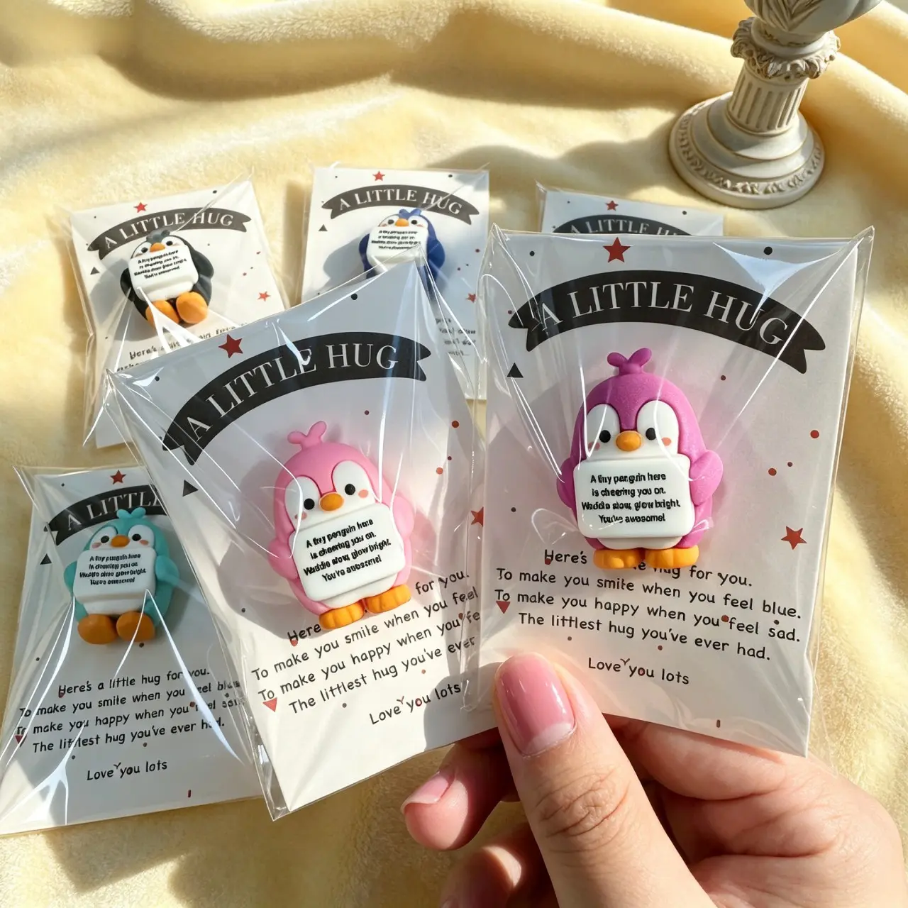 Positive Mini Penguin Little Hug Pocket Gift Pack Set - Emotional Support Figurines with Appreciation Cards for Friends, Family & Colleagues - Ideal for Halloween, Christmas, Party Gifts, Thank You Gifts - 6/12 Piece Cute Desktop Decor & Stocking Stuffers