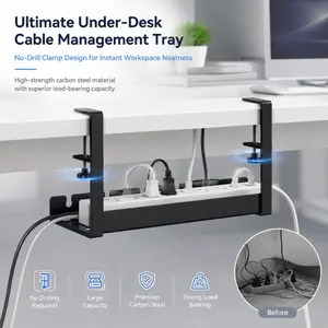 Clamp-On Under-Desk Cable Tray, No-Drill Carbon Steel Cord Organizer, Large Capacity for Neat Office Space
