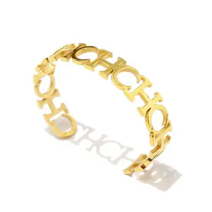 Fashion Gold Plated Copper CHC Initial Letter Hollow Out C Shape Open Adjustable Bangle Bracelet For Women Trendy Chunky Jewelry