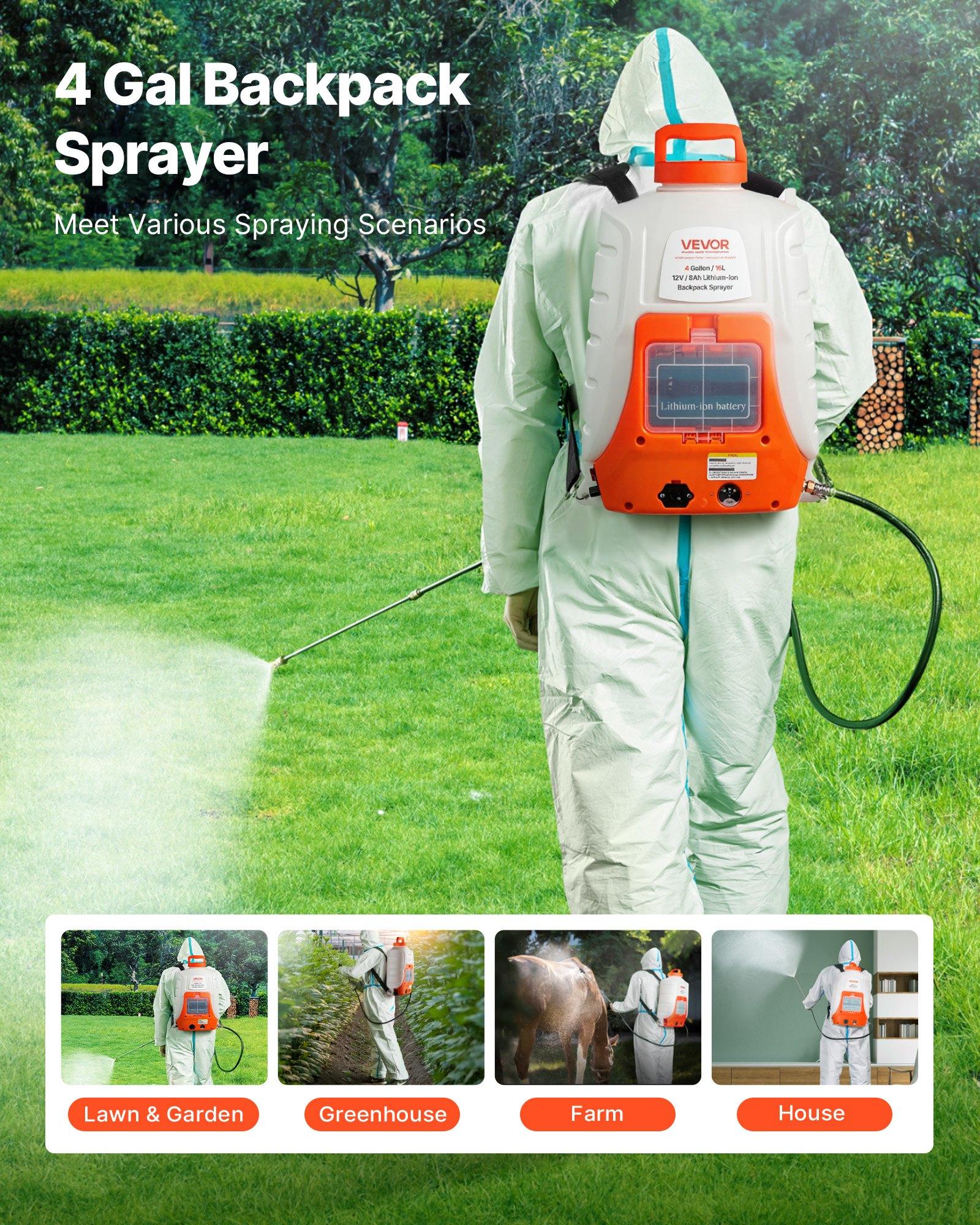 VEVOR Battery Powered Backpack Sprayer, 0-90 PSI Adjustable Pressure, 4 Gallon Tank, Back Pack Sprayer with 8 Nozzles and 2 Wands, 12V 8Ah Battery, Wide Mouth Lid for Weeding, Spraying, Cleaning VEVOR Battery Powered Backpack Sprayer, 0-90 PSI Adjustable Pressure, 4 Gallon Tank, Back Pack Sprayer with 8 Nozzles and 2 Wands, 12V 8Ah Battery, Wide Mouth Lid for Weeding, Spraying, Cleaning