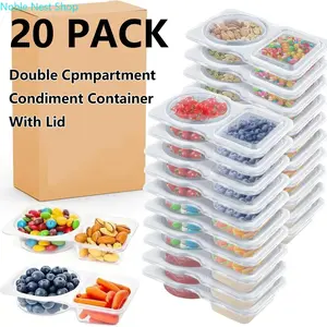 20 Pack Double Compartment Condiment Containers with Lids, Leakproof Divided Dip Cups, Refrigeratable Storage for Takeout, Picnic, Travel and Food Sampling