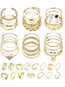 39 Pcs  Gold Jewellery Set 24Pcs Boho Bracelets for Women Gold Bangles Chain Bracelet Set and 15Pcs Gold Rings Set Gold Costume Jewellery Boho Jewellery for Women