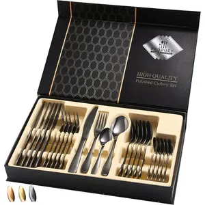 Black Silverware Set, Avalon 24 Piece Flatware Set Service for 6, High Grade 18/10 Stainless Steel Cutlery Set, Mirror Polished, Dishwasher Safe