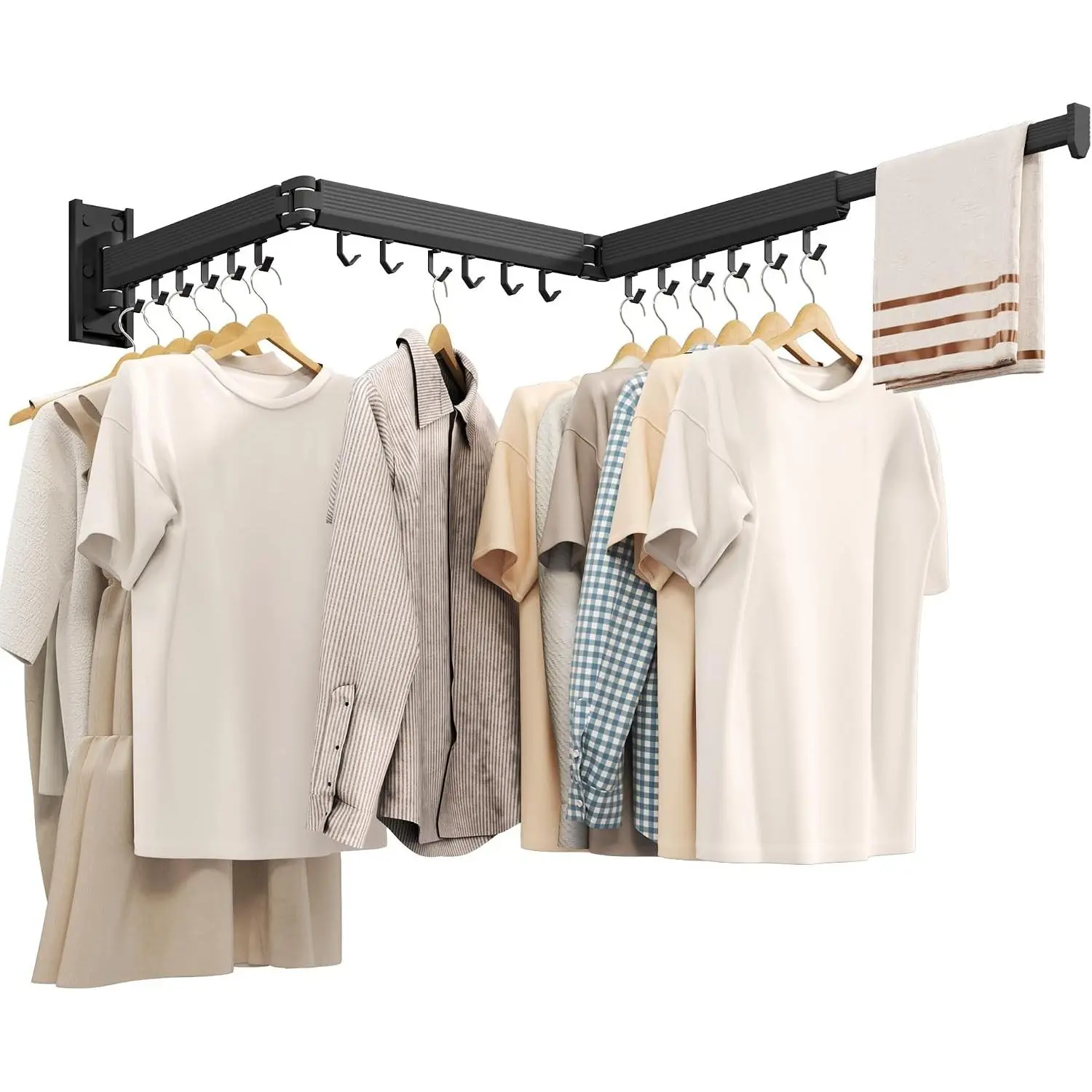 Wall Mounted Tri-Fold Clothes Drying Rack, Heavy Duty Collapsible Laundry Drying Rack, Space-Saving Retractable Foldable Drying Rack Clothes for Laundry Room Balcony Bathroom,Black-Hooks