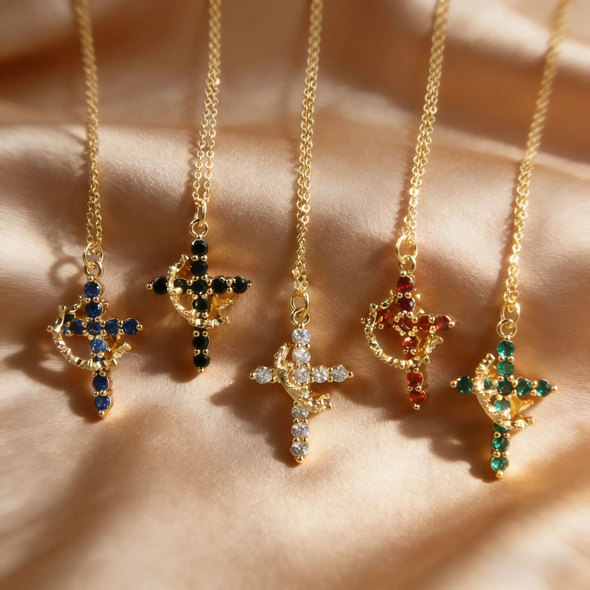 Birthstone Necklace Cross Crown Circle Rotating Pendant Colorful Zircon Crystal Jewelry Simple Fashion Necklace Women Trendy Accessories