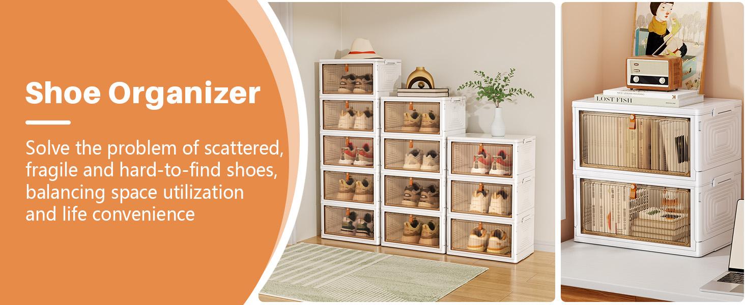 4 Tier Plastic Storage Bins with Lid 24QT, Stackable Storage Containers with Wheels, Folding Storage Boxes, Collapsible Storage Bins, Closet Organizers and Storage for Living Room,Office,Dorm