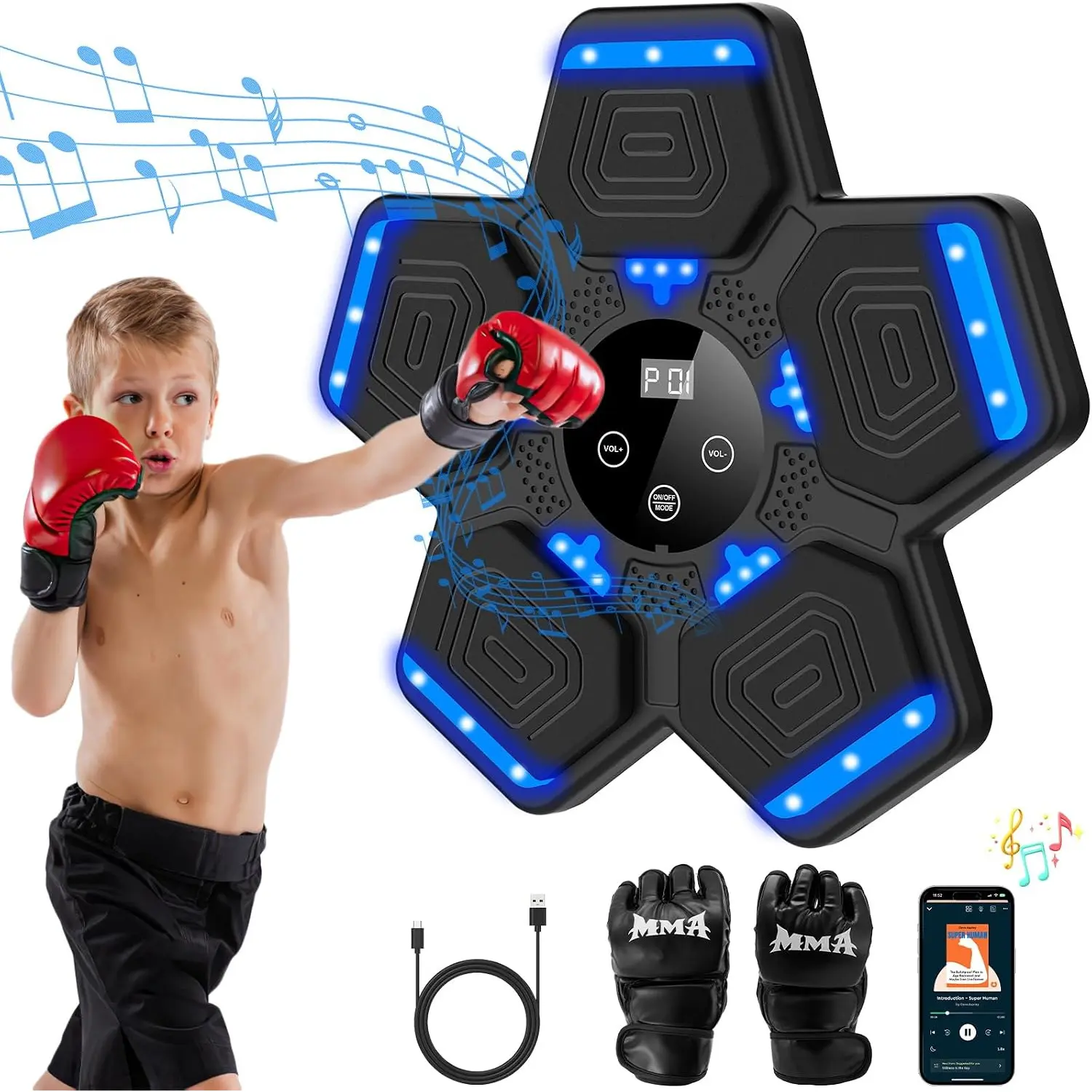 Music Boxing Machine, Wall Mounted Bluetooth Punching Pad with Gloves,Wall-Mounted Bluetooth Smart Music Boxing Machine - Boxing Equipment, Unisex Combat Training Pad with Gloves, Bluetooth Sync, Wall Mount, Promotes Physical Activity & Skill Development,
