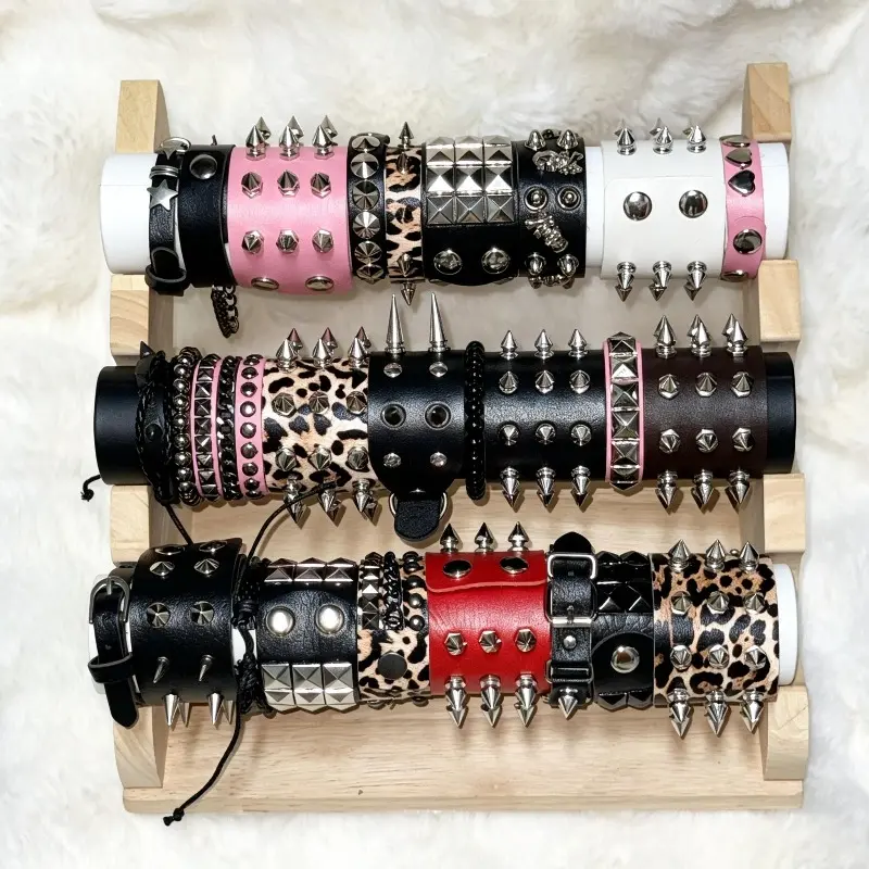 4/6/10/12Pcs Y2K Punk Rock Studded Pu Leather Bracelets, Stacked Bracelets 80s Wristband Emo Gothic Spike Cuff Bracelet for Men Women, Goth Accessories for Daily Rock Style