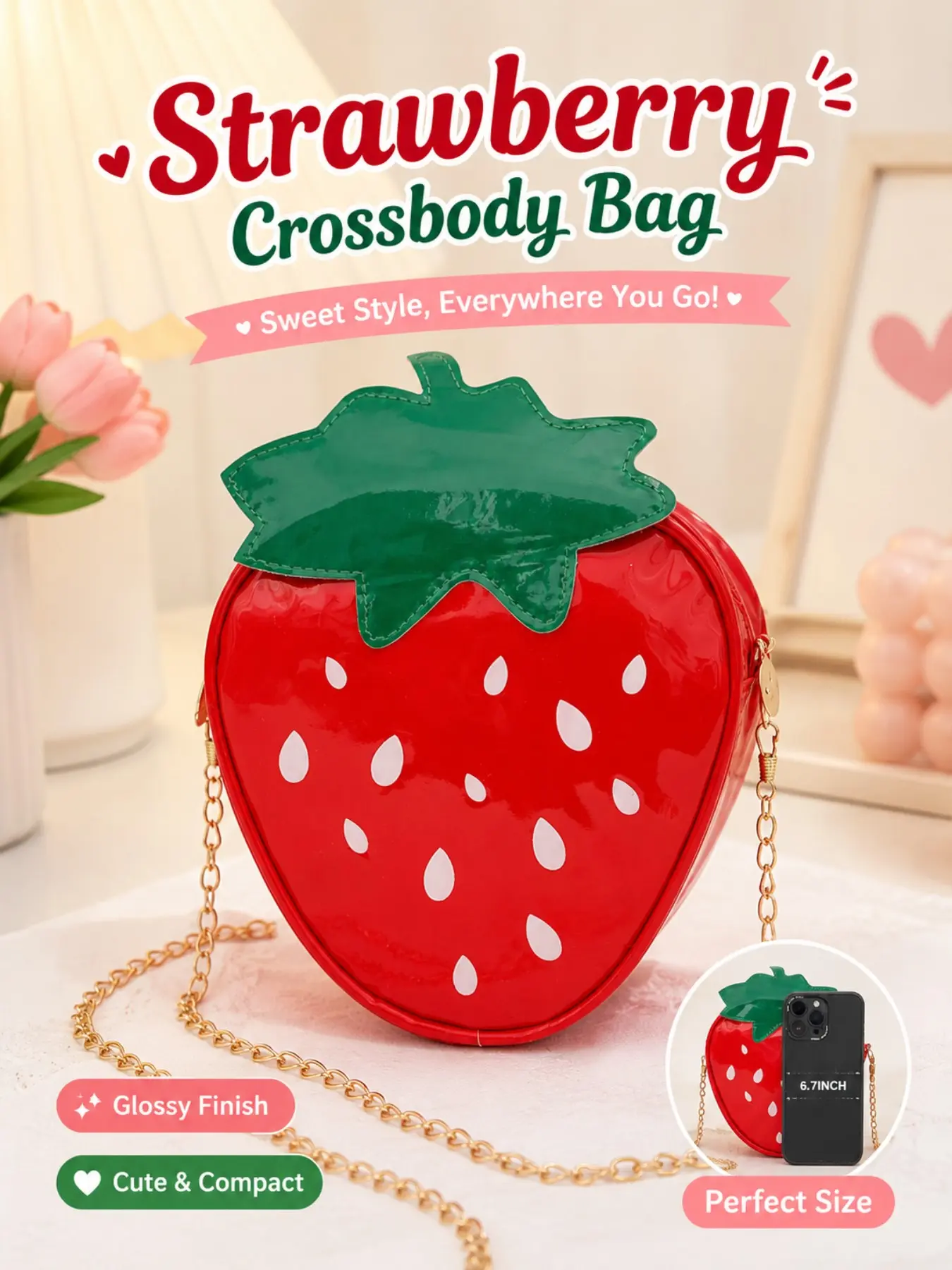 Adorable Strawberry Chain Crossbody Bag, Shiny Fruit Women's Bag, Sweet Fashion Mini Shoulder Bag, Perfect for Daily Wear and Photoshoots