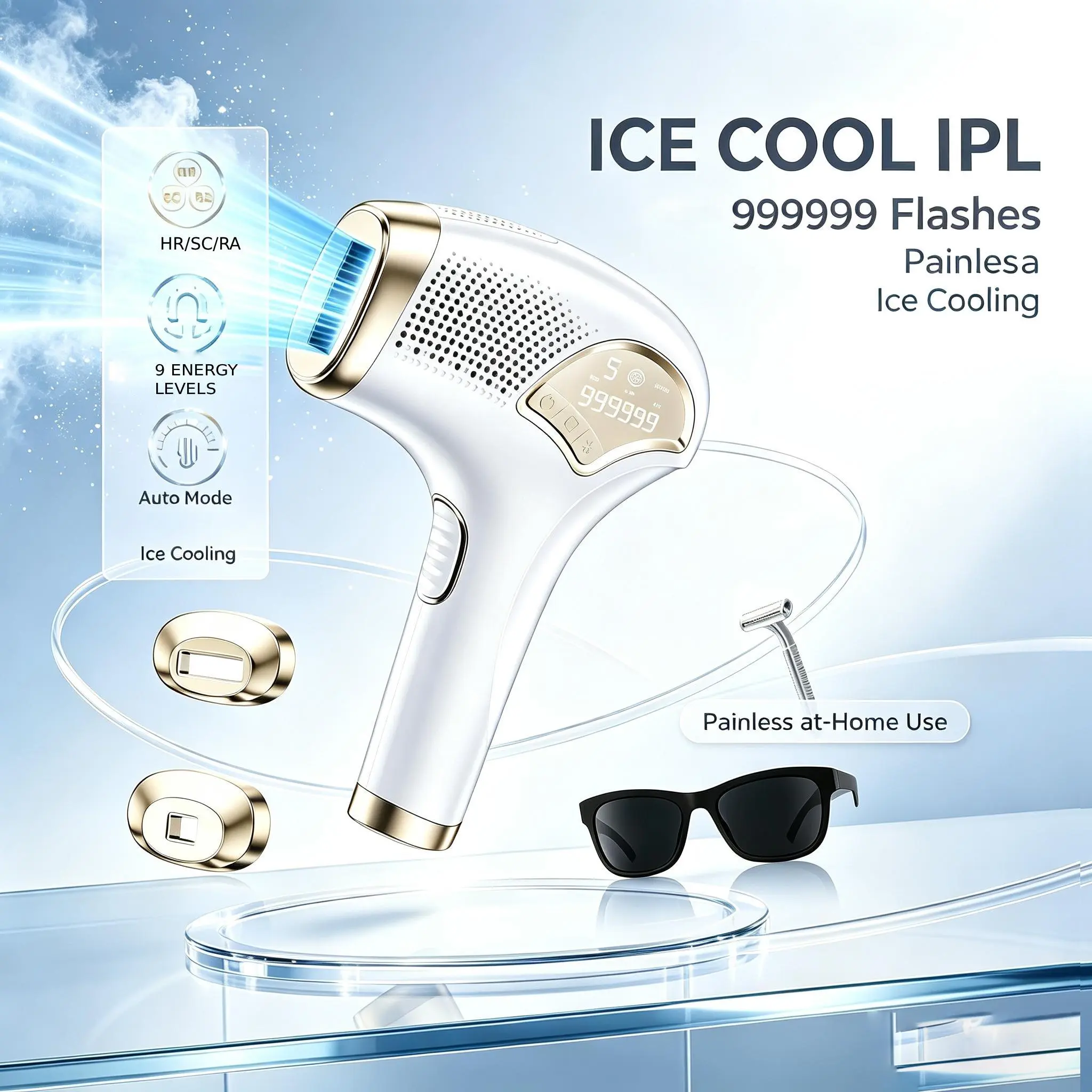 【BackToSchool】Adjustable IPL Hair Removal Device for Women, 9 Energy Levels Ice-Cool Epilator with Auto Manual Flash Modes, Replaceable Heads for Face Legs Underarms Bikini