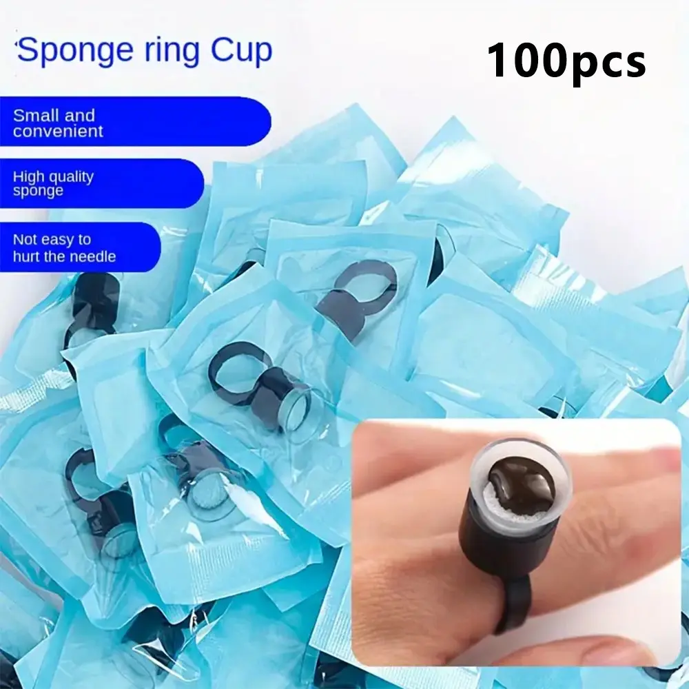 Ink Ring Cups - 100pcs Pigment Rings Microblading Pigment Glue Rings with Sponge Ink Cups Caps Permanent Makeup Tattoo Eyelash Eyebrow Extensions Medium Holder for Microblading Supplies