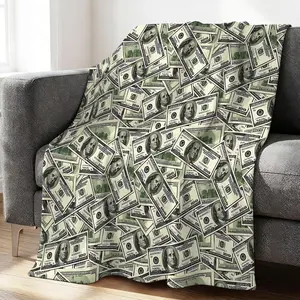 Funny Full Dollar Cash Print Flannel Blanket, Windproof Camping Blanket & Breathable Blanket for Indoor Game Night, Outdoor Picnic, Rich Theme Party, Gift for Teen Boys & Young Investors