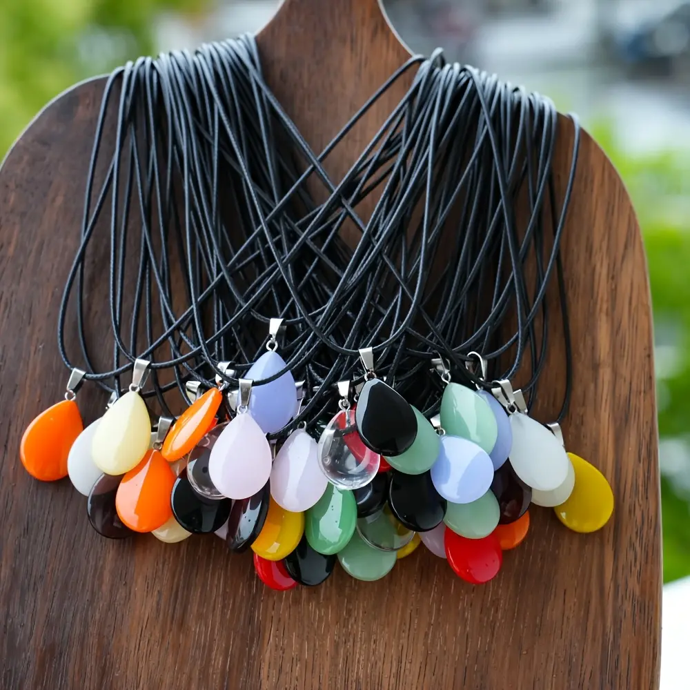 18Pcs Multi-color Glass Water Droplet Shaped Pendants With Faux Leather Cord Set, Fashionable Chic Necklace, Ideal For Festival Party Accessories Gift