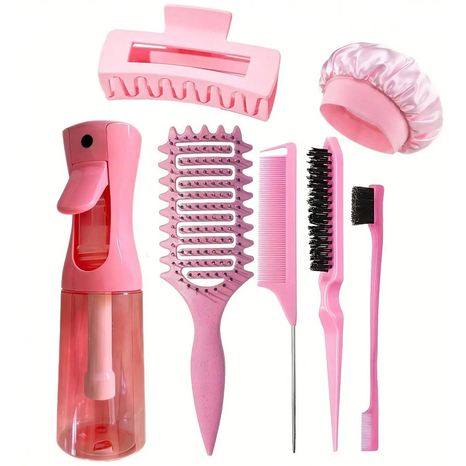 7-Piece Hair Care Kit, Heatless Styling Tools, Includes 200ML Spray Bottle, Detangler Comb, Tail Comb, Brush, Eyebrow Brush, Bath Cap, Clips, Ideal for Salon, Home, Travel