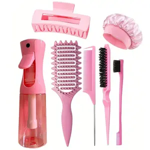7-Piece Hair Care Kit, Heatless Styling Tools, Includes 200ML Spray Bottle, Detangler Comb, Tail Comb, Brush, Eyebrow Brush, Bath Cap, Clips, Ideal for Salon, Home, Travel