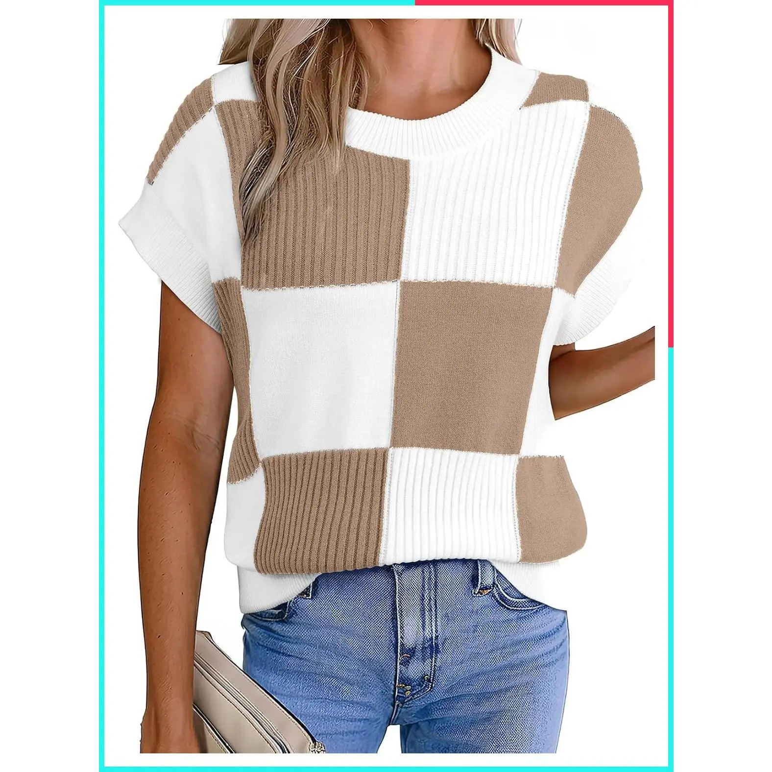 Color Block Checkered Knit Tank Top for Women, Short Sleeve Sweater Vest, Crewneck Cap Sleeve, Fall Fashion 2026, Travel Vacation Work Daily Wear