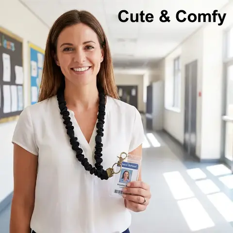 Fashionable Colorful Pleated Elastic Teacher Lanyard, Multifunctional ID Card and Phone Chain, Elegant & Cute Necklace Strap with Safety Buckle