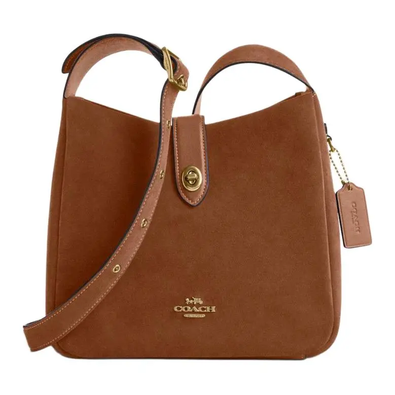 COACH Hadley 25 Suede Crossbody Bag for Women, Metallic Logo Design, Medium Size, Brown