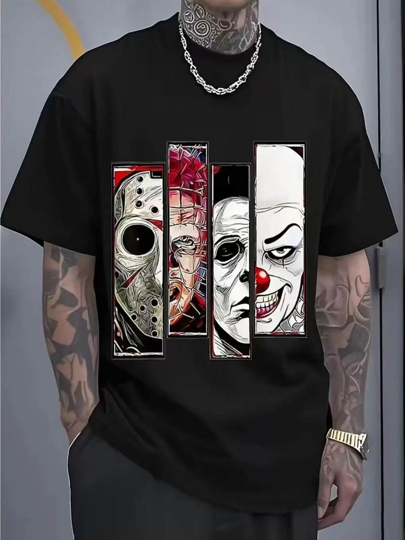 Classic Horror Movie Characters Icons Mashup Red Graphic Tee - Standard 100% Pure Cotton Short Sleeve Crewneck Casual Top for Men, Women & Teens, Trendy Halloween Spooky Streetwear Apparel, Outfit & Gift