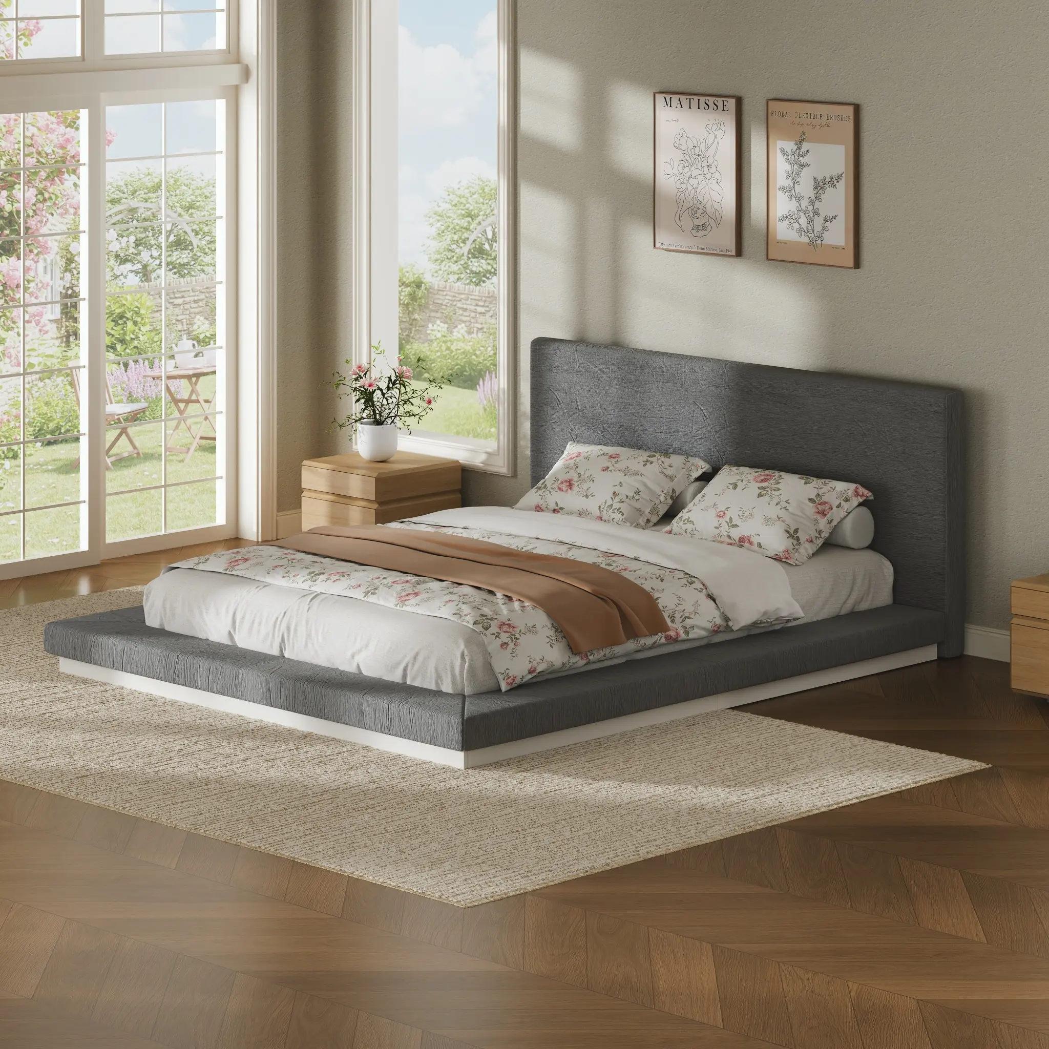 ARCH Queen Size Floating Bed Frame with Padded Upholstered Headboard, Low Profile Iron Metal Slat Support, Anti-Collision Surround, No Box Spring Needed, Easy Assembly, Grey, 76.38in W