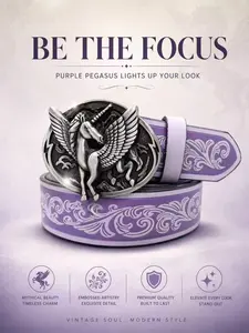 PU Belt with Floral Design, Vintage Pegasus Unicorn Alloy Buckle, Western Style Decorative Waistband for Women