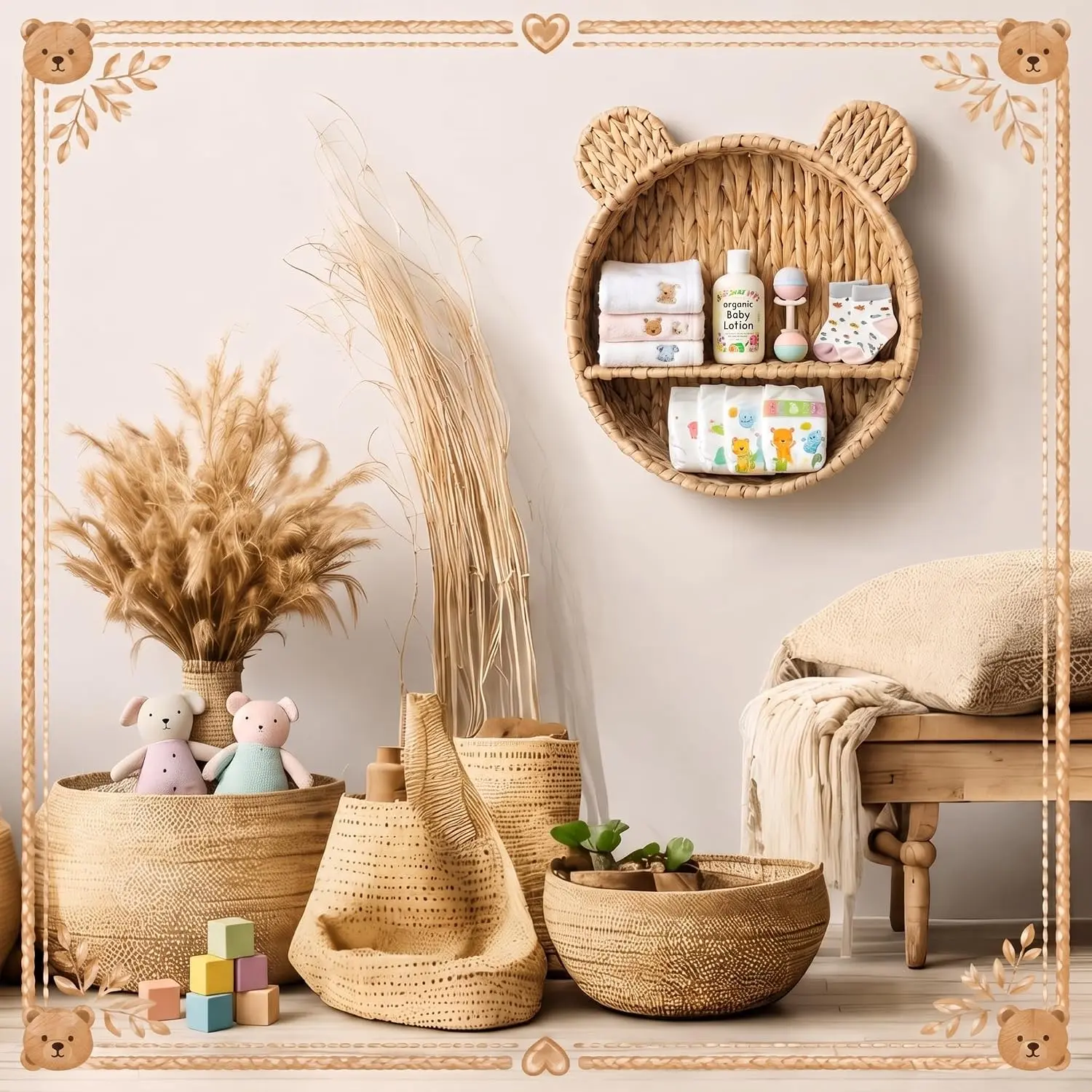 Bear Nursery Wall Shelf Decor Boho Rattan Wicker Floating Shelves Handwoven Natural Rattan Hanging Organizer Storage Basket for Small Books Toys Nursery Bathroom Living Room Bedroom Corner