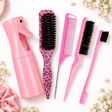 5/12Pcs Hair Styling Kit, Heatless Styling Tools, Home Styling Tool, Hairdressing Tool Set, Hair Brush & Comb Set with Fine Mist Spray Bottle, Edge Brush, Rat Tail Comb, Paddle Brush, Hair Clips & Styling Tools for Detangling, Smoothing, Daily Hair Care