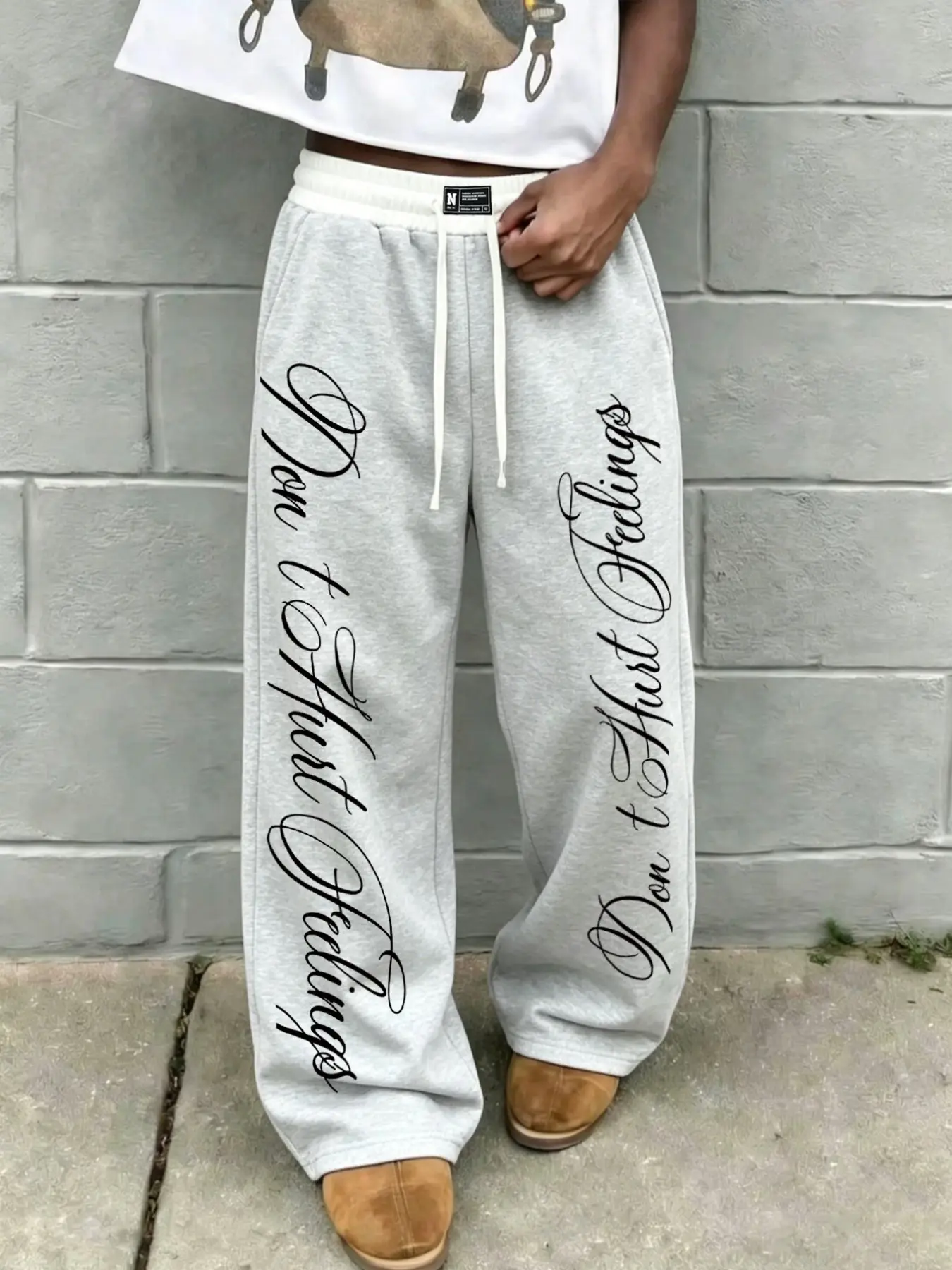 Men Women Y2K Vintage Streetwear Baggy Wide Leg Jogger Pants Wrinkle Resistant Soft Fabric Side Script Don't Hurt Feelings Slogan Print Adjustable Drawstring Waist Windproof Casual Pants Urban Street Dance Weekend Hangout Daily Styling Long Sweatpants