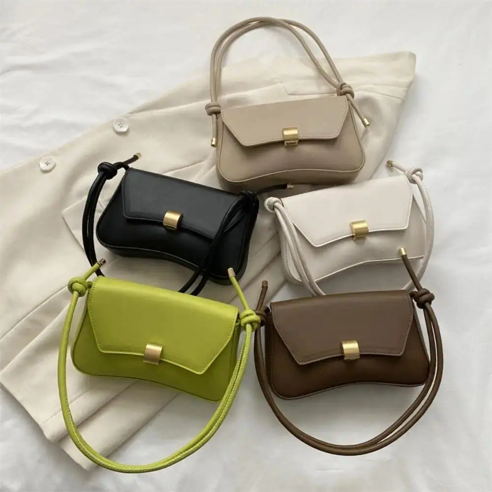 Smooth Faux Leather Curved Baguette Shoulder Bag, Knotted Strap Gold Lock Minimalist Underarm Handbag for Women Daily Commute Dating