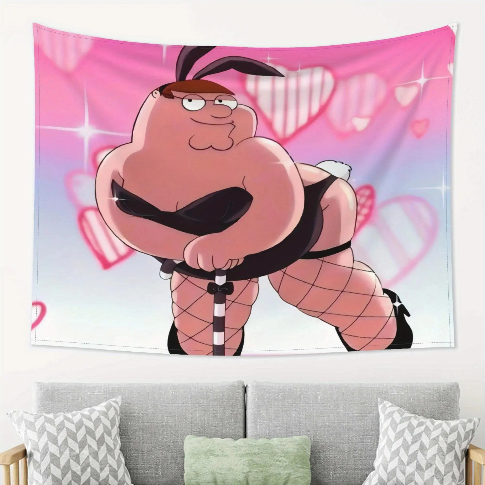 Funny Cartoon Character Tapestry Wall Hanging, Vibrant Pink Heart Meme Flag, Y2K Coquette Room Aesthetic Banner, College Girls Dorm Bedroom Decor, Party Photo Booth Prop